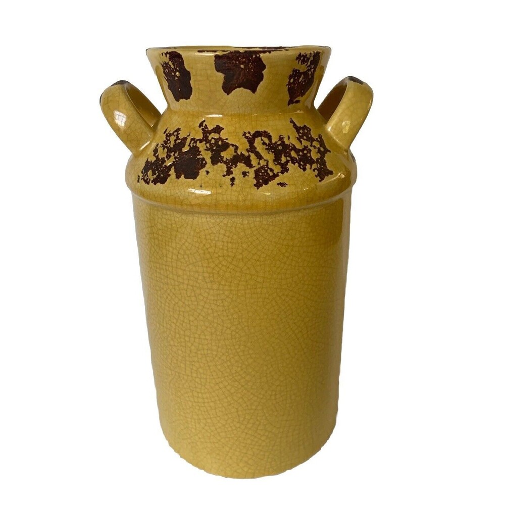 Glazed Jug Crock Vase Country Style Distressed Look Stoneware Home Décor Yellow